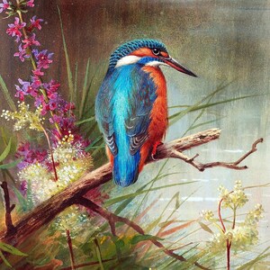 May include: A painting of a blue and orange kingfisher perched on a branch with green foliage and purple flowers in the background.