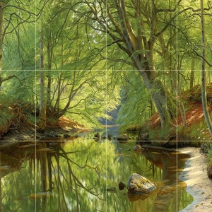 May include: A painting of a forest scene with a river running through it. The trees are green and lush, and the water is clear and blue. The sun is shining brightly, and the sky is a clear blue.