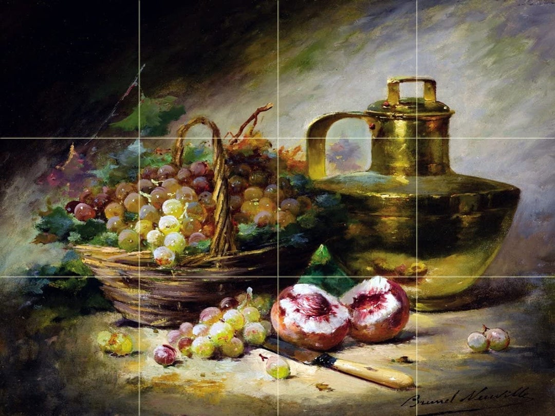 FlekmanArt 'Henri Latour Grape Fruits' Ceramic Tile Mural – 17" X 12.75", Matte Finish, For Kitchen Backsplash Or Bathroom