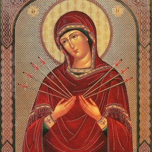 May include: An icon of the Virgin Mary with seven swords piercing her heart. The icon is painted in a traditional style with gold accents and a red background. The text at the bottom reads "Семистрельная пятия бый".