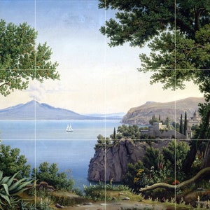 May include: A painting depicting a scenic landscape with a mountain range in the distance, a body of water in the foreground, and a small sailboat on the water. The painting is framed by trees on either side.