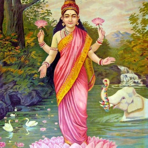 May include: A painting of a Hindu goddess standing on a pink lotus flower. She is wearing a pink and yellow sari and has four arms. She is holding a pink lotus flower in each of her upper hands. She is standing in a body of water with a white elephant in the background. The painting is signed "Ravi Varma".