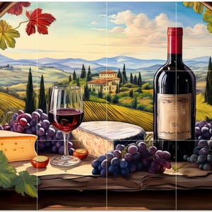 May include: A still life painting of a wine bottle, a glass of red wine, cheese, and grapes. The background shows a Tuscan landscape with rolling hills, vineyards, and a villa. The scene is framed by an archway with leaves.