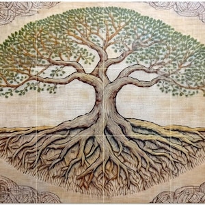 May include: An artistic illustration of a tree with a large trunk and sprawling roots. The tree's branches are filled with green leaves, and the roots extend outward. The artwork is set against a beige background with decorative border elements.