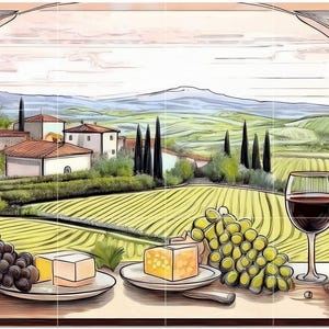 May include: A picturesque illustration of a vineyard scene with a bottle of red wine, a filled wine glass, grapes, and cheese. The background features rolling hills, a village, and a cloudy sky. The image evokes a sense of tranquility and the enjoyment of wine and food.