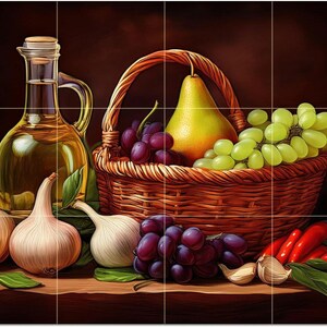 May include: A still life painting featuring a glass bottle of oil, a wicker basket filled with grapes and a pear, and several bulbs of garlic. Red peppers and green leaves are also present, creating a rustic, natural theme.