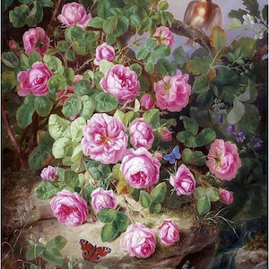 Still Life Large Rose with Butterflies and Birds by Josef Lauer Accent Tile Mural Kitchen Bathroom Wall Backsplash One Tile Ceramic