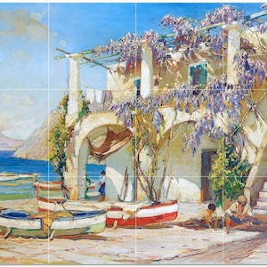 Capri by Constantin Westchiloff Sea Ocean People Boats Mountains Tile Mural Kitchen Shower Bath Wall Backsplash Marble Ceramic