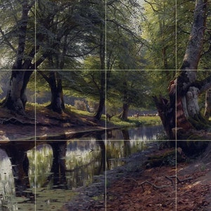 May include: A painting of a forest scene with a river running through it. The trees are tall and green, and the river is calm and reflective. There are deer in the background, and the sun is shining through the trees.