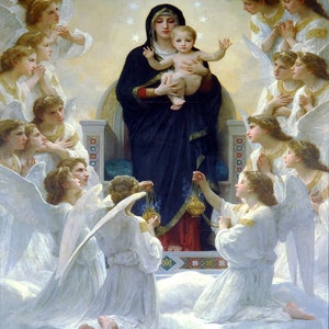 May include: A painting of the Virgin Mary holding a baby Jesus, surrounded by a chorus of angels. The Virgin Mary is wearing a blue robe and a crown of stars. The angels are all dressed in white and have wings.