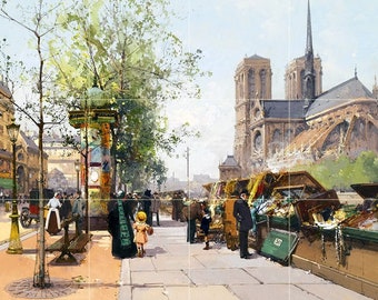 Notre Dame Paris by Eugene Galien-Laloue Street People Cityscape Tile Mural Kitchen Shower Bath Wall Backsplash Marble Ceramic