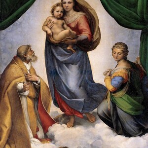 May include: A painting depicting the Madonna and Child with Saint Sixtus and Saint Barbara. The Madonna is wearing a blue robe and a red undergarment, holding the Christ child. Saint Sixtus is kneeling in a yellow robe, and Saint Barbara is standing in a green and gold robe. The painting is set against a background of clouds and a green curtain.