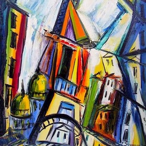 May include: Abstract painting of a city scene with colorful buildings and a tall structure in the center. The painting is done in a bold style with thick brushstrokes and vibrant colors.