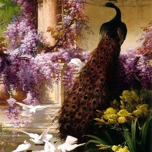 May include: A painting of a peacock with a long, brown tail with eye-like markings, perched near a column and purple wisteria. White doves are near a pond with yellow flowers. The artwork has a classical, romantic style.