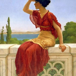 Aspettativa di John William Godward Ragazza Donna Paesaggio marino Accento Piastrella murale Cucina Bagno Parete Alzatina Una piastrella in ceramica