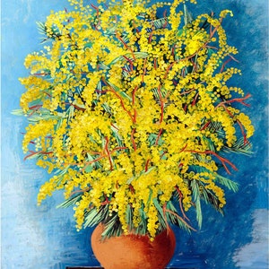 Puede incluir: Una pintura de un ramo de flores de mimosa amarillas en una maceta de terracota sobre una superficie negra sobre un fondo azul. La firma del artista, "Kisling", es visible en la esquina inferior izquierda.