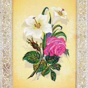 May include: A vintage illustration of a bouquet of flowers in a decorative frame. The bouquet includes a pink rose and two white lilies with green leaves.