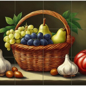 May include: A still life painting of a woven basket overflowing with green grapes, dark blue grapes, and yellow pears. Two white garlic bulbs, a red tomato-like fruit, and several brown nuts are arranged around the basket.