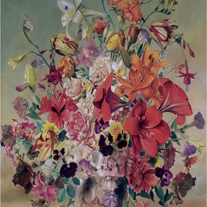 May include: A vintage still life painting of a bouquet of flowers in a ceramic vase. The flowers include red, white, and yellow lilies, pink roses, purple pansies, and other colorful blooms. The vase is decorated with a floral pattern.