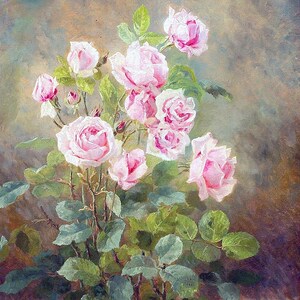 May include: A painting of a bouquet of pink roses with green leaves. The roses are in various stages of bloom, with some fully open and others still in bud. The background is a soft, muted brown.