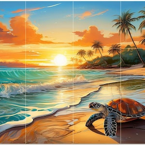 May include: A vibrant painting of a beach scene at sunset. The sky is filled with orange and yellow hues, reflecting on the ocean waves. A sea turtle rests on the sandy shore, with palm trees in the background.