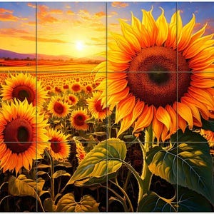 May include: A vibrant painting of a sunflower field at sunset. The image features large, detailed sunflowers with yellow petals and dark brown centers. The sky is a blend of orange, yellow, and blue hues, with a bright sun setting over the horizon.