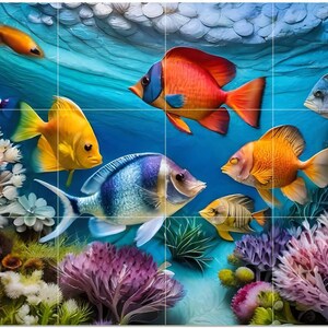 May include: A vibrant underwater scene featuring colorful fish and coral. The image showcases various fish in shades of yellow, orange, blue, and purple, swimming amidst detailed coral formations. The background is a deep blue, creating a sense of depth.