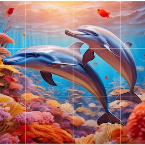 May include: A vibrant underwater scene featuring two dolphins swimming gracefully. The dolphins, with their sleek gray bodies, are set against a backdrop of colorful coral reefs in shades of orange, pink, and yellow. Red fish and a blue ocean complete the scene.