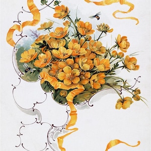 May include: A bouquet of yellow flowers with a yellow ribbon tied around them. The flowers are arranged in a decorative swirl pattern. There are two small bees flying near the flowers.