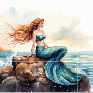 May include: Watercolor painting of a mermaid sitting on a rock by the ocean. The mermaid has long flowing auburn hair, a teal top, and a teal scaled tail. The background features a seascape with blue water and a cloudy sky.