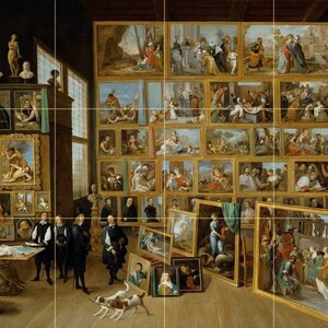 May include: A painting depicting a room filled with framed artwork, including portraits, landscapes, and religious scenes. The room is well-lit and features a group of people standing in the foreground, some holding objects.