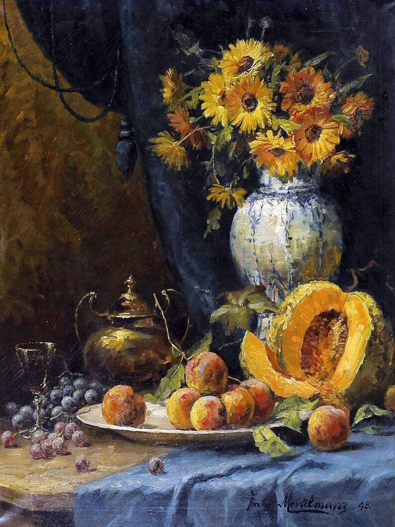 Still Life With Grapes Peaches and Sunflowers by Frans Mortelmans ...