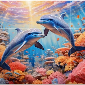 May include: A vibrant underwater scene featuring two blue dolphins swimming near colorful coral reefs. The artwork showcases a bright, sunny sky with rays of light filtering through the water, creating a dynamic and lively marine environment.