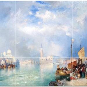 May include: A large, framed print of a Venetian harbor scene. The artwork depicts boats, buildings, and people along the water's edge under a cloudy sky. The color palette includes blues, browns, and whites, creating a classic, historical aesthetic.