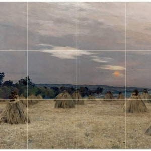 May include: A painting of a field with haystacks in the foreground and a sunset in the background. The sky is a pale blue with a few clouds. The haystacks are made of straw and are arranged in rows. The sun is setting in the distance, casting a warm glow over the scene.