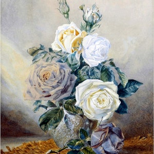 May include: A watercolor painting of a bouquet of roses in a cracked vase. The roses are white, yellow, and purple, and the vase is a light gray color. The roses are arranged in a loose, natural style, and the painting has a soft, romantic feel.