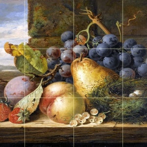 May include: A still life painting of a variety of fruits and a bird's nest with eggs. The painting features a bunch of grapes, a pear, peaches, plums, and strawberries. The nest is made of twigs and moss and is sitting on a wooden surface.