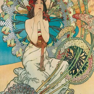 May include: A woman in a white dress with a red sash sits surrounded by colorful flowers and birds. The background features a blue sky and a distant cityscape.