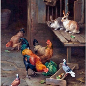 May include: A painting of a rooster, two hens, two rabbits, and a pigeon in a barn setting. The rooster is red, orange, and blue. The hens are brown and white. The rabbits are white and brown. The pigeon is gray and white. The barn is made of wood and has a wooden door. There is a wooden table in the foreground with a bowl of food on it.