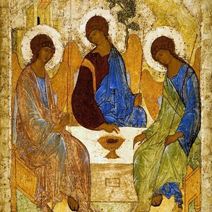May include: A religious icon depicting the Holy Trinity, three figures with halos and wings, seated on a throne with a chalice in the center. The figures are painted in shades of blue, red, green, and gold against a yellow background.