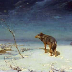 May include: A lone wolf stands in a snowy landscape under a dark blue sky with a few stars visible. The wolf is looking to the left of the image, and the snow is covered in a light dusting of snow.