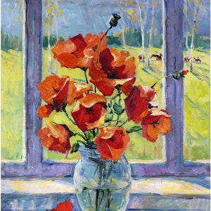 May include: A painting of a bouquet of red poppies in a clear glass vase on a windowsill. The vase is in front of a window with a view of a green field and trees.