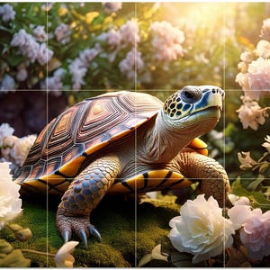 May include: A detailed image of a tortoise with a patterned shell, set amidst a lush garden of white and pink flowers. The tortoise has a light-colored head and legs, with a textured shell in shades of brown and yellow. The scene is bathed in sunlight.