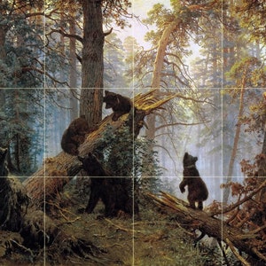 May include: A painting of a forest scene with four bears. The bears are brown and black and are standing on a fallen tree trunk. The forest is lush and green with tall trees and a misty background.