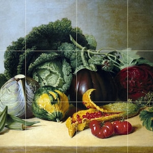 May include: Still life painting of a variety of vegetables, including a green cabbage, a purple cabbage, a yellow and green squash, a purple eggplant, a red cabbage, and green okra. The vegetables are arranged on a wooden table with a light brown background.