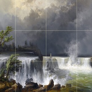 May include: A painting depicting a dramatic scene of Niagara Falls with a stormy sky and powerful water cascading over the rocks. The painting features a large tree on the left side of the image and a small building on the right side.