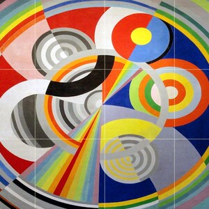 May include: Abstract geometric painting with a circular design. The painting features a variety of colors, including red, blue, yellow, green, and gray. The circles are arranged in a concentric pattern, creating a sense of depth and movement.