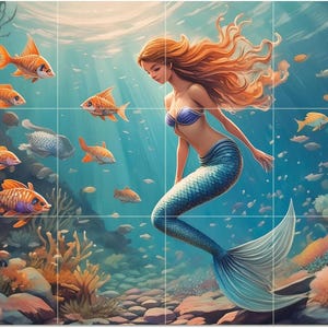 May include: An artistic depiction of a mermaid swimming underwater, surrounded by fish and coral. The mermaid has long red hair, a blue tail, and a blue top. The scene is set in a blue ocean with sunlight filtering through the water.