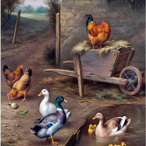 May include: A painting of a farmyard scene with a rooster perched on a wooden wheelbarrow, a hen and chicks in a pond, and two ducks on the ground.