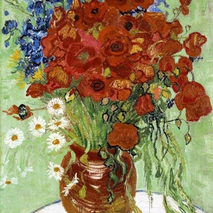 May include: A still life painting of a bouquet of red poppies and blue flowers in a brown ceramic vase on a white table. The flowers are arranged in a loose, natural style, and the vase is decorated with a simple pattern.